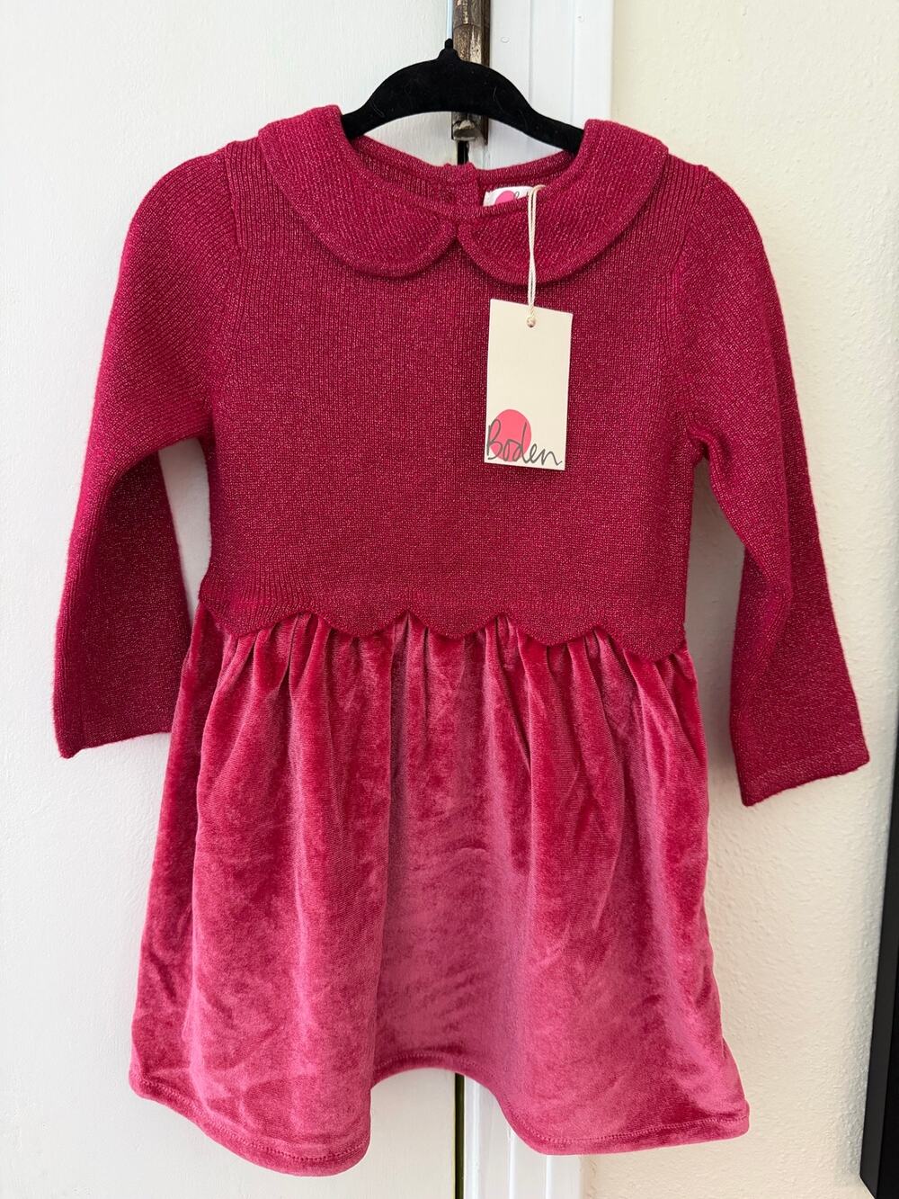 Baby Boden NWT crushed velvet pink peter pan collar sweater top dress 6-12 mo